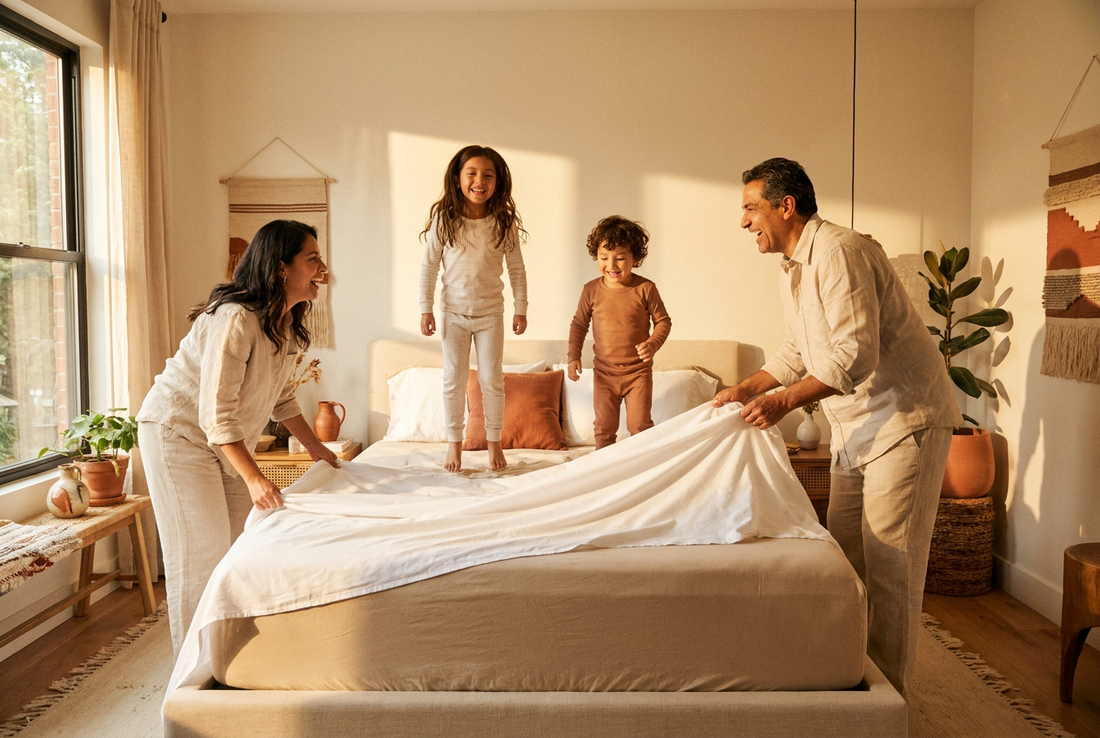 Familia disfrutando sábanas premium 600 hilos Litper en cama