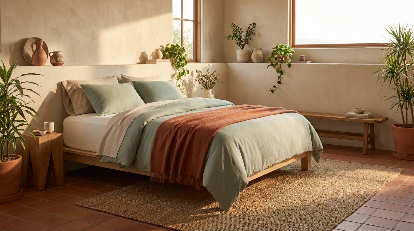 Litper textiles hogar premium — habitación completa estilo editorial