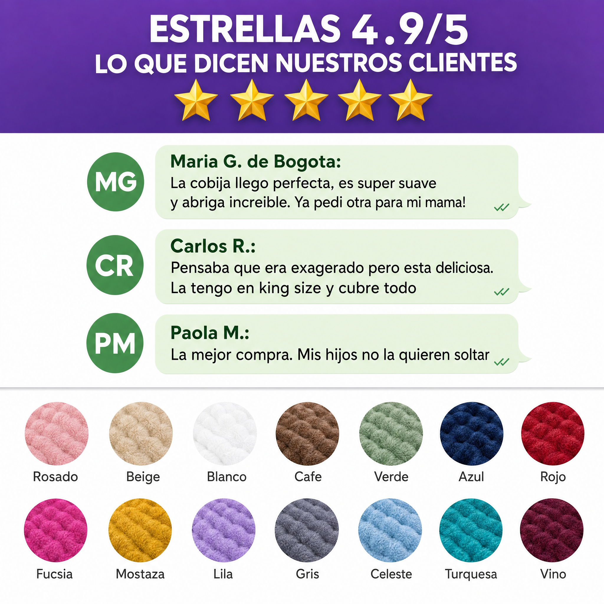 Cobija Burbuja Soft — Testimonios y Colores