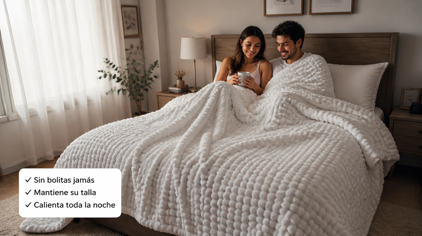 Pareja colombiana en habitacion con Cobija Burbuja Soft blanca garantias