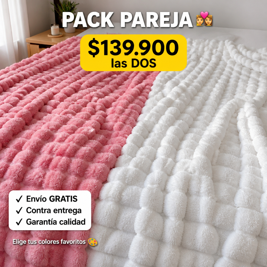 Pack Pareja 2 cobijas 139900 COP flat lay overhead textura burbuja