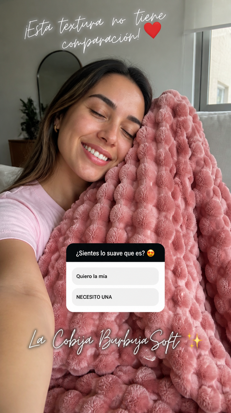 Mujer colombiana UGC con Cobija Burbuja Soft rosada - textura popcorn 3D real