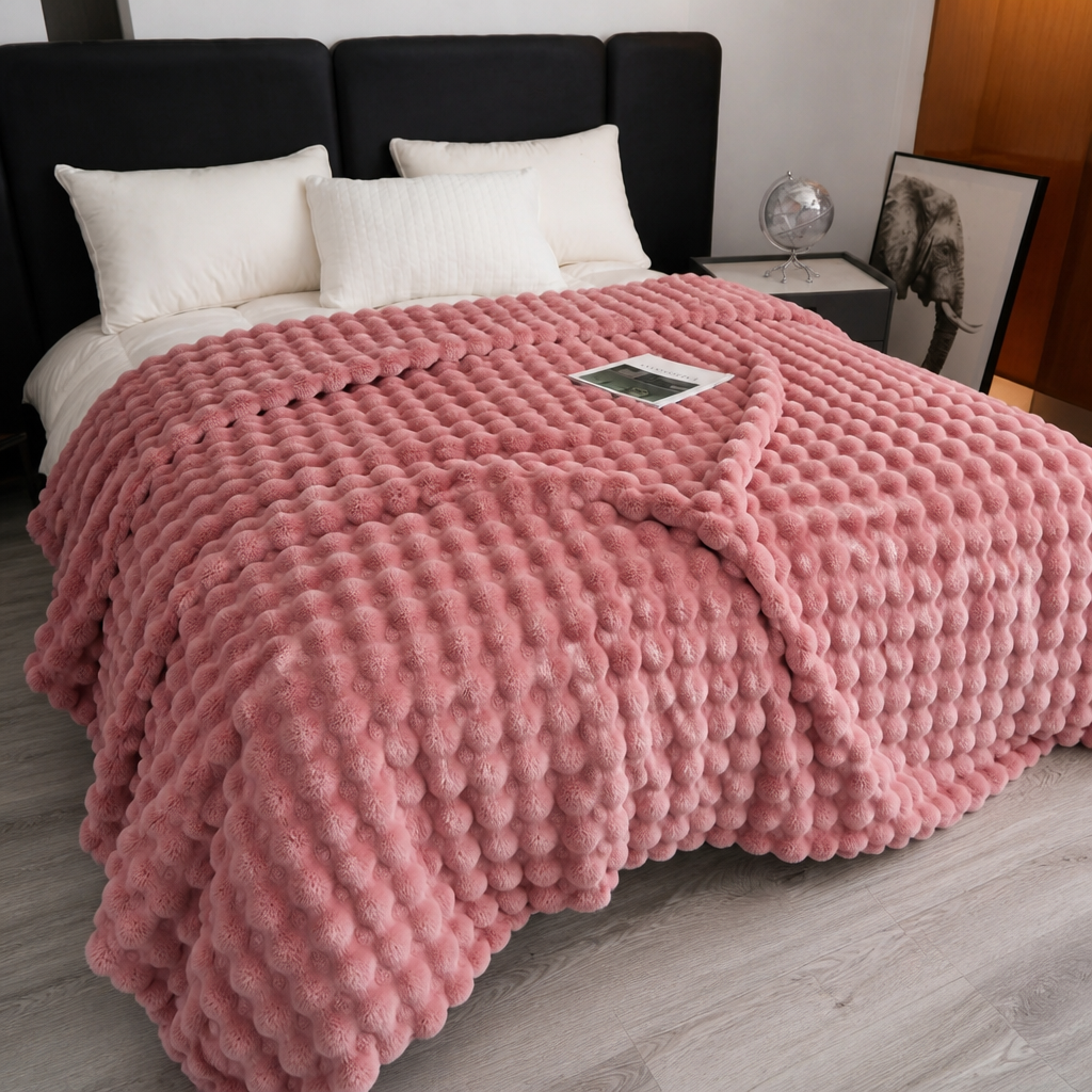 Cobija Burbuja Soft rosada en cama - textura burbuja 3D enorme cubre toda la cama