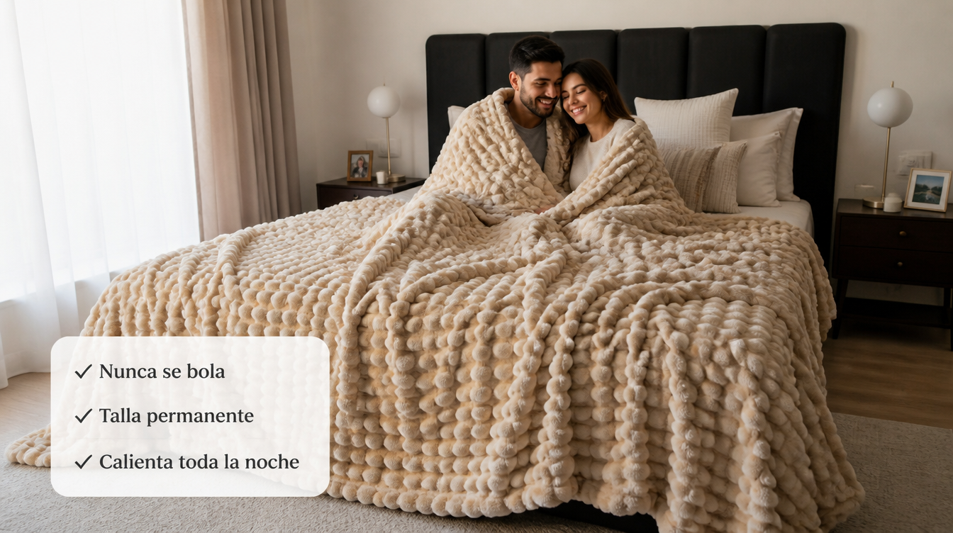 Pareja colombiana con Cobija Burbuja Soft beige - nunca se bola mantiene talla