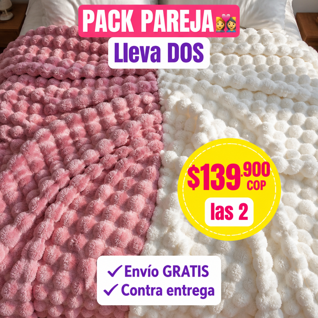 Pack Pareja 2 cobijas burbuja 139900 COP flat lay textura 3D overhead