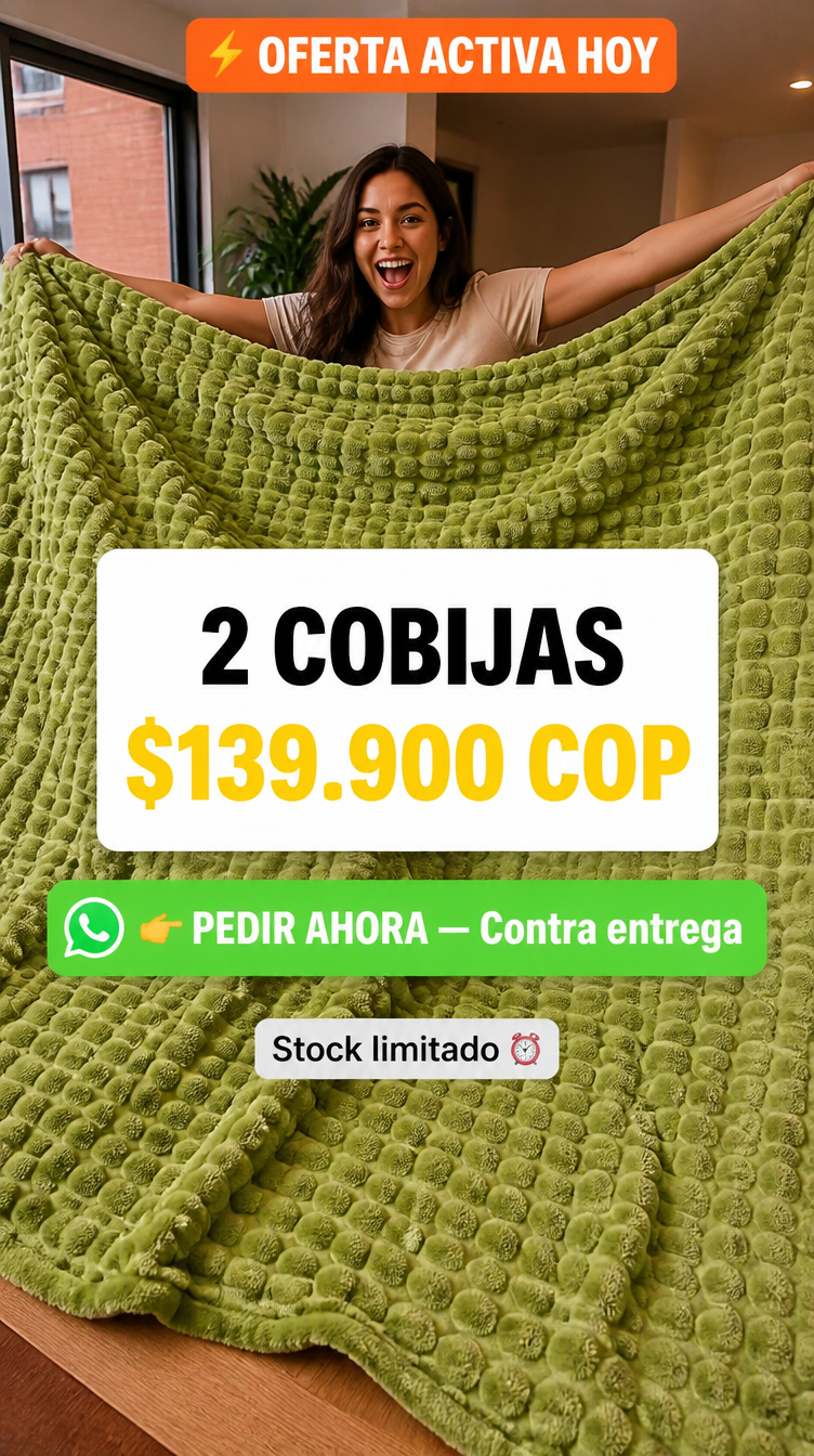 CTA comprar 2 cobijas burbuja 139900 - mujer con cobija verde enorme textura real